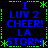 Pixelated blue text on black background with green decorative borders, displaying 'I LUV 2 CHEER! LA STORM' in four identical quadrants.