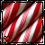 Red and white striped candy cane pattern with a small red heart in the bottom left corner, framed by black border with white dots.