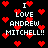 Pixelated red hearts float over a black background with repeated white text reading "I LOVE ANDREW MITCHELL!!" in blocky font.