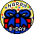 Circular icon with yellow background, blue bow, red gift box, and text 'HAPPY B-DAY' with 'HAPPY' in red letters.