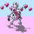 Pixelated character with cow-like spots and antlers, red chest, and dark limbs, dancing amid floating pink hearts on a pink-and-blue background.
