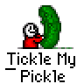 Pixel art contact sheet showing two frames of an animated buddy icon with a stick figure holding a large green pickle and text below reading "Tickle My Pickle".