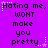 Purple background with repeated black text 'Hating me, wont make you pretty.' and white star-like sparkles.