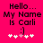 Pixelated text on bright pink background reads 'Hello... My Name Is Carli :)' with white and light pink plus signs below.