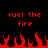 Red pixelated text 'fuel the fire' appears twice above red pixelated flames on a black background.