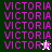 Pixelated 'VICTORIA' text repeated in on dark green, light gray, and white backgrounds with small pixel art figures at bottom-right corners