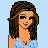 Pixel art buddy icon featuring a female character in blue dress with light blue top and brown hair, alongside text reading "cute but evil" on light blue background.
