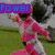 Animated sequence of a pink-suited figure with helmet, performing dynamic poses against grassy background with dark circular shapes.