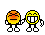 Two pixelated characters with orange-yellow gradient heads, white teeth grins, and black eyes stand side-by-side against a gray background; one character's mouth opens wider in