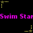 Animated sequence of yellow and brown star-shaped icons with dotted trails against a black background, repeated text "Swim Star" in purple.
