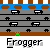 Pixel art scene with gray roads, brown borders, blue water, and white vehicles; green frog symbols on roads and water; 'Frogger' text repeated in white on gray background.