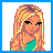A 4-frame pixel art contact sheet showing a cartoon female character with blonde hair, green crop top, and blue-green gradient pants across separate panels for head/upper body, torso, legs, and text.