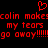 Red pixelated text on black background with a red heart symbol above, repeating 'colin makes my tears go away' multiple times.