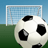 Pixelated soccer ball with black spots on green field and blue sky background, goal net visible behind.