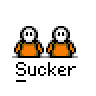 A 4x4 contact sheet of pixel art frames showing two orange-shirted stick figures with white heads, some frames featuring a 'HELLO?' speech bubble above them and all labeled 'Sucker' below.