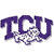 Purple pixelated text 'TCU' with a white starburst effect beneath the letters on a white background.