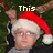 A person wearing a red and white Santa hat with a white pom-pom, positioned against a green background with brown branches.