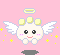 Pixelated angel icon with yellow halo, white wings, and three yellow orbs on head against pink background with yellow stars.
