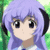 Anime-style character with purple hair and black headphones against green foliage background, wearing white shirt with blue tie.