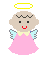 Pixelated angel figure with yellow halo, black eyes, red mouth, light brown hair, blue wings, and pink dress on gray background.
