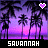 Pixelated sunset scene with palm trees, purple-pink gradient sky, two heart symbols above the trees, and 'SAVANNAH' text at bottom.