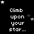 Black background with white pixelated text "Climb upon your star..." repeated in a , surrounded by small stars of varying brightness