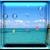 Pixelated scene showing a blue sky with white clouds, turquoise water, and scattered circular shapes in blue, red, and green.