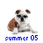 Pixelated dog with brown and white fur, black nose, dark eyes, wearing sunglasses in a reclining pose on white background with blue text "summer 05" below.