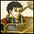 Pixelated anime-style character in golden armor with red shoulder accents holding a large weapon, next to stylized text on black background.