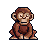 Pixelated monkey icon with brown fur, light tan face and limbs, seated posture holding a dark red object against gray background.