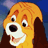 Pixelated cartoon dog with orange fur, white muzzle, and brown ears, smiling with open mouth against blue background.