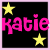 Pixelated pink text 'Katie' on black background with yellow stars, one star moves from top-left to top-right across frames.