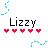 Pixel art icon with 'Lizzy' text, five red hearts below, and blue pixel trails on white background.