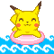 Pixelated yellow Pokémon character with brown-tipped ears sits on pink float in blue water, two expressions shown side-by-side.