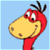 Pixelated cartoon character with red body, yellow beak-like face, and black antennae against light blue background.