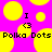 Pixelated yellow circles on a bright pink background with black text reading "I <3 Polka Dots Polka Dots" in a repeating pattern.