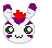 Pixelated character with white face, purple ears, red top, green eyes, and purple stripes; some frames show test tube with orange liquid and red straw, others show yellow sun with rays.