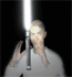 A person holds a glowing lightsaber above their head, transitioning from a solid figure to a translucent blue silhouette against a black background.