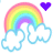 Pixelated rainbow with white clouds and a heart symbol in purple, pink, or green above it.