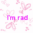 Pixelated pink butterflies and hearts float on a white background with purple text reading 'I'm rad', 'Your rad', and 'Lets hug!' in different positions.
