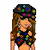 Pixel art contact sheet showing two frames of an animated fashion doll icon with rainbow polka dots, blue text, and a gray background.