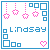 Pixelated icon with blue border containing pink star and heart shapes, blue squares, and the name 'Lindsay' in pixelated text.