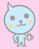 Light blue cartoon cat with gray outline, yellow cheeks, holding a white cup, on pink background; second frame shows winking eyes and cup held differently.