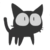 Pixelated black cat with large white eyes and small rectangular pupils, standing on four legs with a curved tail against a light gray background.