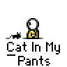 Animated contact sheet of a pixel art icon showing a yellow stick figure with white head holding a black cat, cycling through motion frames above text "Cat In My Pants."