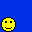 Pixelated yellow and white faces with black hair, red mouth details, and scattered red splatters on a blue background.
