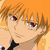 Pixelated anime-style character with orange hair and red eyes, wearing a black collar against an orange background.