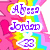 Pixelated rainbow and pink background with purple text reading 'Abby Jordan' and '33', surrounded by hearts.