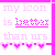 Pixelated text reads 'my icon is better than urs' with a pink underline and four heart symbols below on white background.