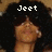 A pixelated image of a person with dark curly hair, showing two text variations above the head.